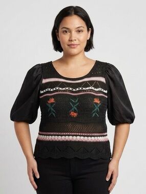 NWOT Milkmaid Crochet Cropped Top Floral Embroidered Puff Sleeve Boho Black XS